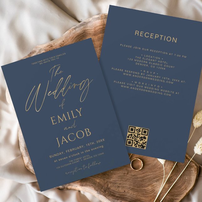 All in One Navy Blue Gold Wedding QR Code Script Einladung (Von Creator hochgeladen)