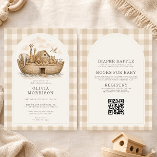 All in One Noahs Arche Gingham Neutrale Babyparty Einladung