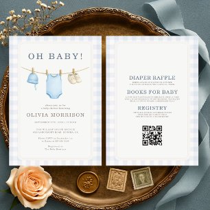 All in One Oh Baby Blau Gingham Jungen Baby-Party Einladung