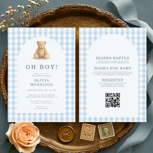 All in One Oh Boy Bär Blau Gingham Babyparty Einladung