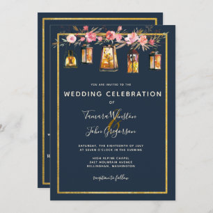 All in one Peonies Lanterns Navy Korallen Hochzeit Einladung