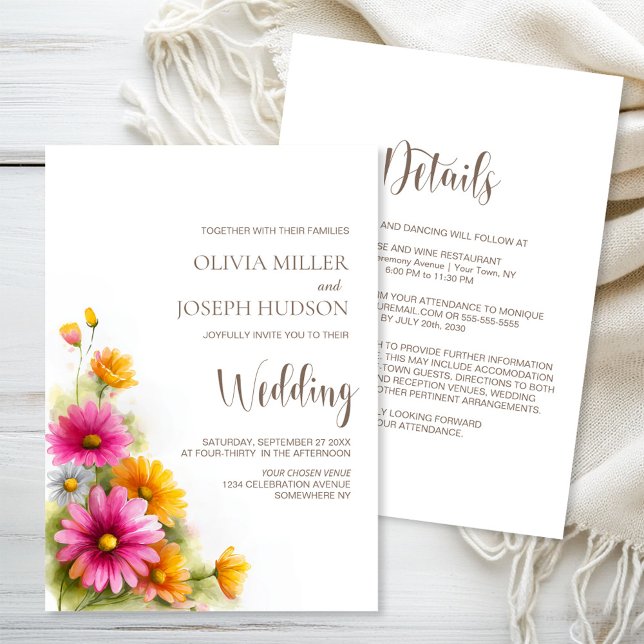 All in One Pink Orange Floral Wedding Einladung (Von Creator hochgeladen)