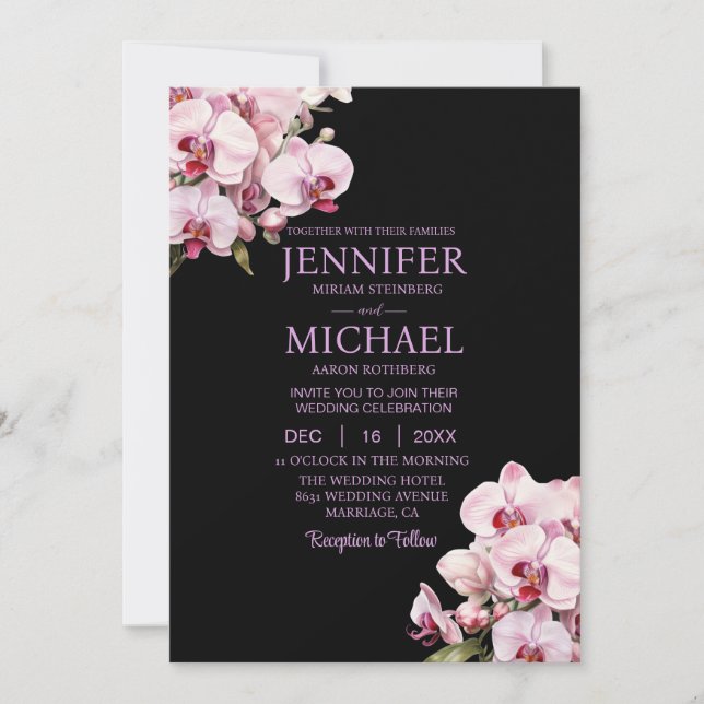 All in one Pink Orchids Black Wedding Einladungen (Vorderseite)