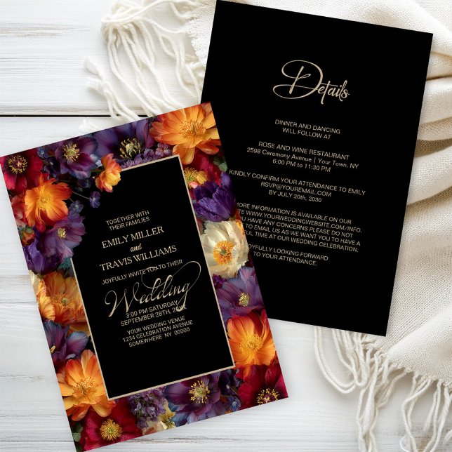 All in One Purple and Orange Floral Black Wedding Einladung (Von Creator hochgeladen)