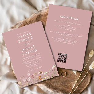 All in one rosa Wildblume QR Code Wedding Einladung