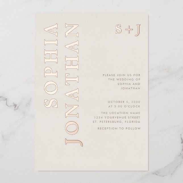 All in One Rose Gold Bold Typografy Wedding Folieneinladung (Vorderseite)