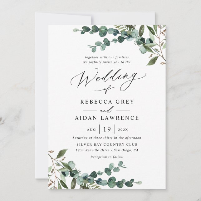 All-In-One Rustic Watercolor Greenery Wedding Einladung (Vorderseite)