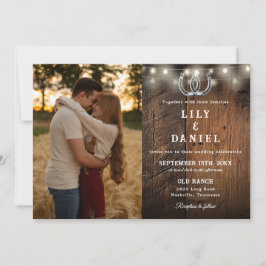 All In One Rustic Wood String Lights Wedding Photo Einladung