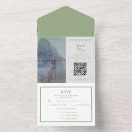 All in one Sage Wedding Foto Einladung QR Code