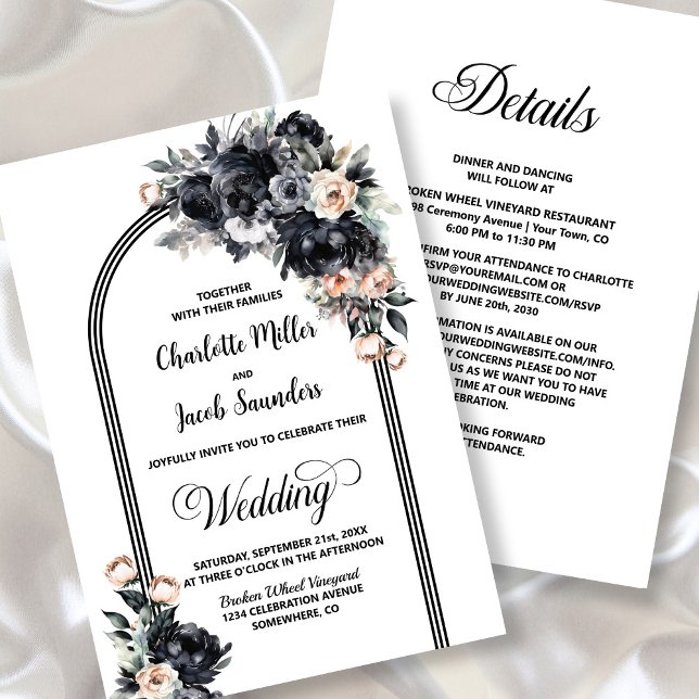 All in one Smokey Black Floral Arch Hochzeit Einladung (Von Creator hochgeladen)