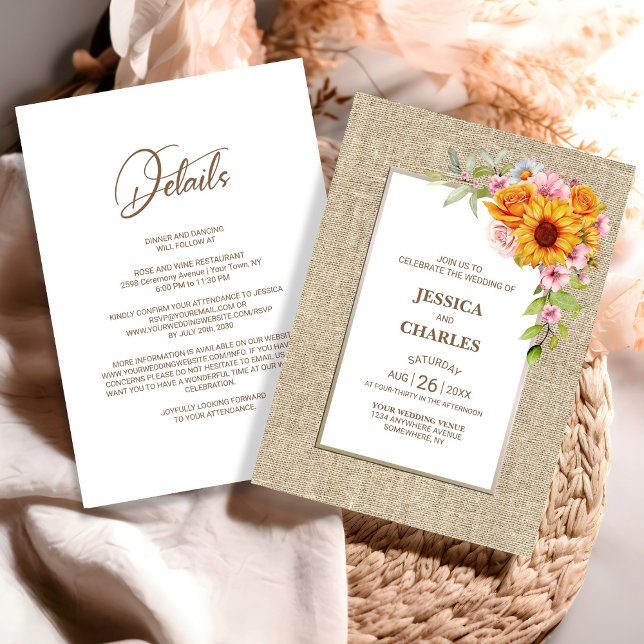 All in one Sunflower Floral Burlap Wedding Einladung (Von Creator hochgeladen)