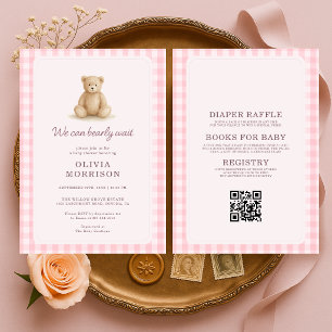 All in One Teddy Bär Rosa Gingham Baby Shower Einladung