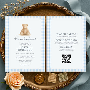 All in One Teddybär Blau Gingham Babyparty Einladung