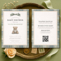 All-in-One-Teddybär-grün-kariert-Baby-Shower-Einla