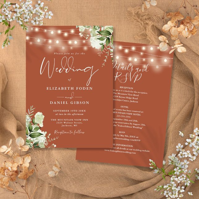 All in one Terracotta String Lights Floral Wedding Einladung (All In One Terracotta String Lights Floral Wedding Invitation)