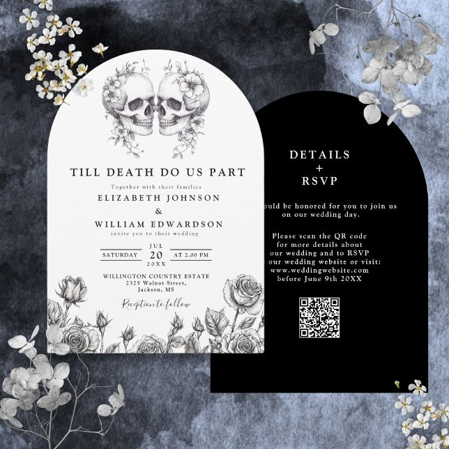 All in one to ill Death Gothic Skull QR Code Hochz Einladung (All In One Till Death Gothic Skull QR Code Wedding Invitation)