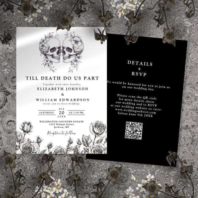 All in one to ill Death Gothic Skull QR Code Hochz Einladung (All In One Till Death Gothic Skull QR Code Wedding Invitation)