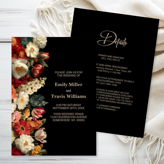 All in One Vibrant Moody Floral Black Wedding Einladung (Von Creator hochgeladen)