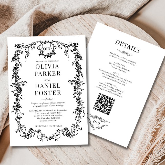 All in One Victorian Black Wedding Monogram Einladung (Von Creator hochgeladen)