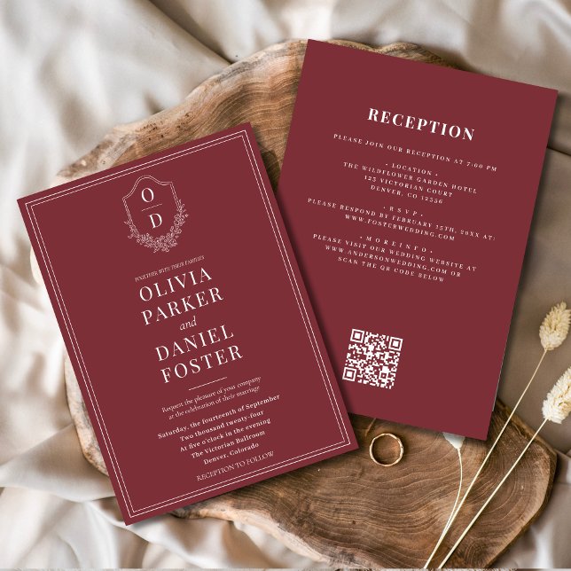 All in One Wappen Burgundy QR Code Wedding Einladung (Von Creator hochgeladen)