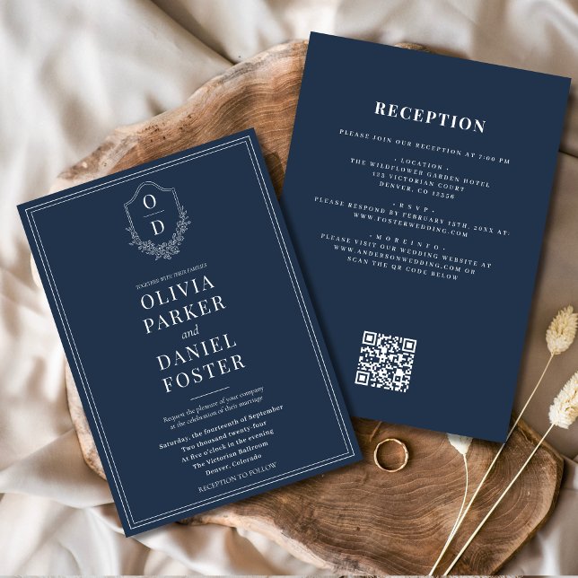 All in One Wappen Navy Blue QR Code Hochzeit Einladung (Von Creator hochgeladen)