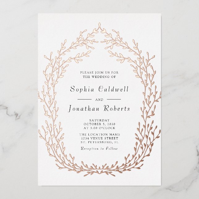 All in One Wedding Botanical Wreath Rose Gold Folieneinladung (Vorderseite)