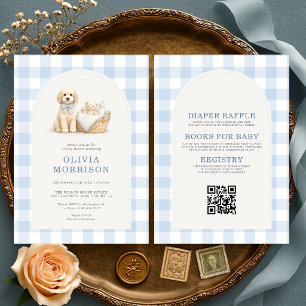All in One Welpen-Hund Gingham Blau Baby Shower Einladung