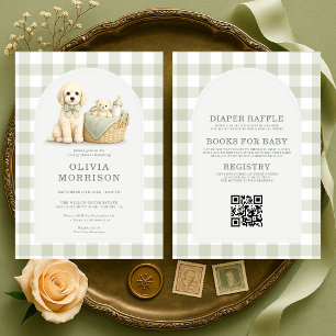 All in One Welpen-Hund Salbeigrün Babyparty Einladung