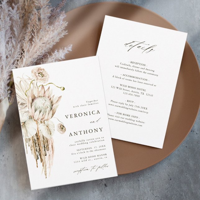 All in one Wild Boho Protea Pampas Grass Wedding Einladung (Von Creator hochgeladen)