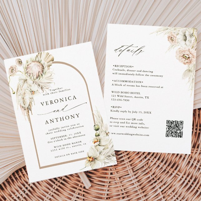 All in one Wild Boho Protea Pampas Grass Wedding Einladung (Von Creator hochgeladen)