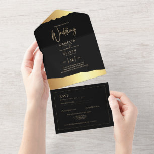 All Inclusive 2 Black Gold Themed Wedding RSVP All In One Einladung