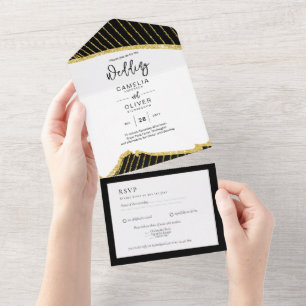 All Inclusive 3 Black Gold Themed Wedding RSVP All In One Einladung