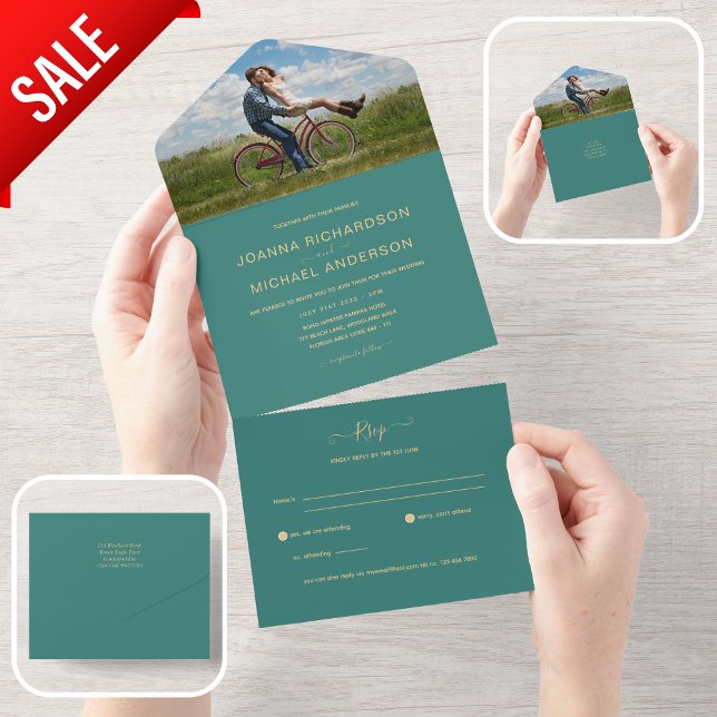 All Inclusive Aquamarin Gold FOTO Wedding RSVP In One Einladung (Von Creator hochgeladen)