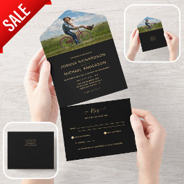 All Inclusive Black Gold FOTO Hochzeit RSVP All In One Einladung