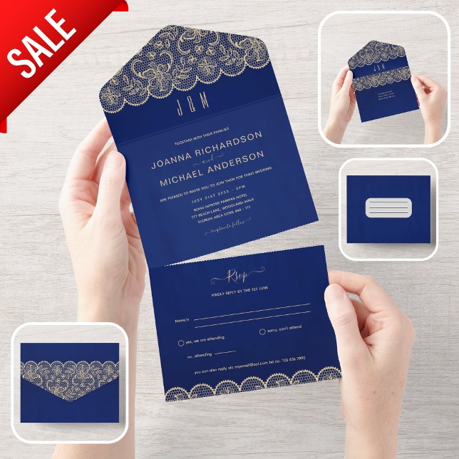 All Inclusive Blue Gold Lace Hochzeit mit UAWG In One Einladung (Von Creator hochgeladen)