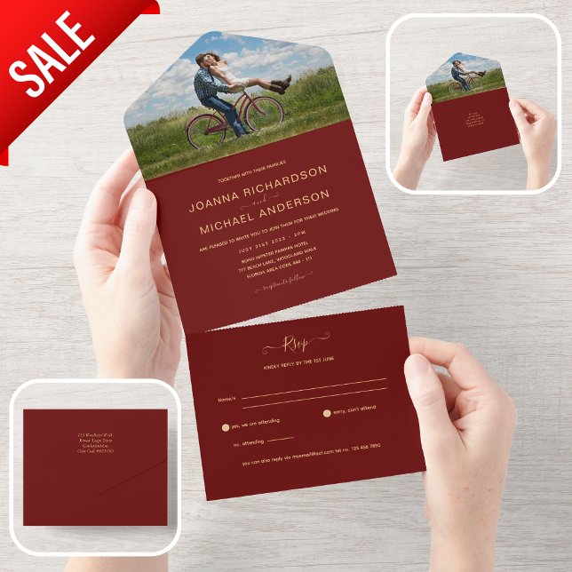 All Inclusive Burgundy Gold FOTO Wedding RSVP In One Einladung (Von Creator hochgeladen)