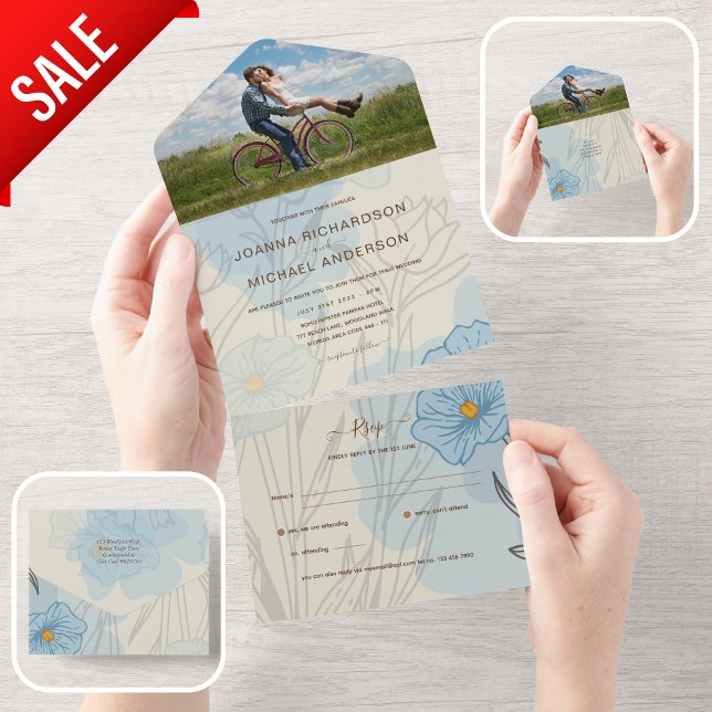 All Inclusive Dusty Blue Cream FOTO Wedding RSVP All In One Einladung (Von Creator hochgeladen)