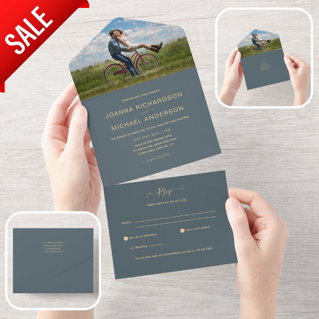 All Inclusive Dusty Blue FOTO Wedding RSVP In One Einladung (Von Creator hochgeladen)