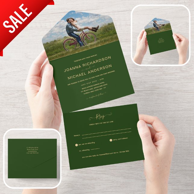 All Inclusive Green Gold FOTO Wedding RSVP In One Einladung (Von Creator hochgeladen)
