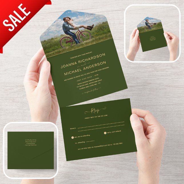 All Inclusive Green Gold FOTO Wedding RSVP In One Einladung (Von Creator hochgeladen)