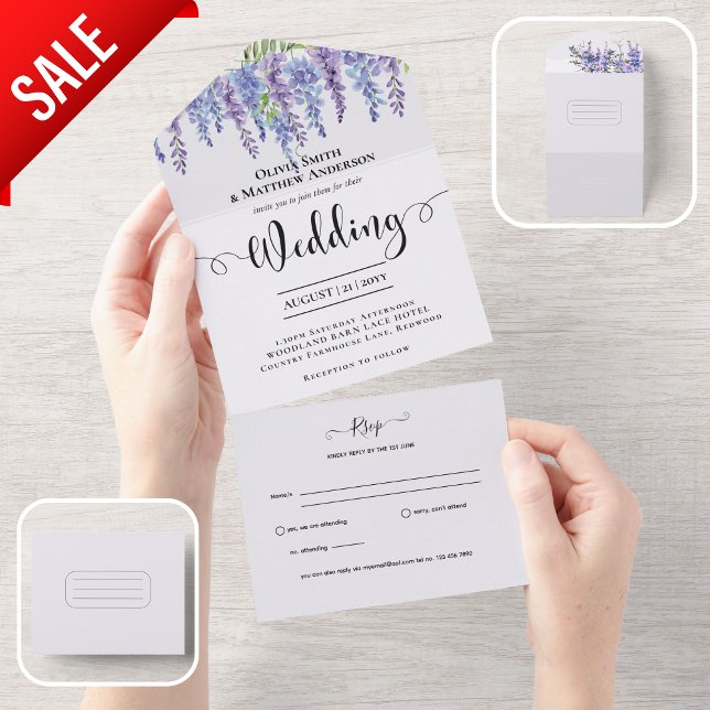 All Inclusive Lila Wisteria Floral Wedding RSVP In One Einladung (Von Creator hochgeladen)
