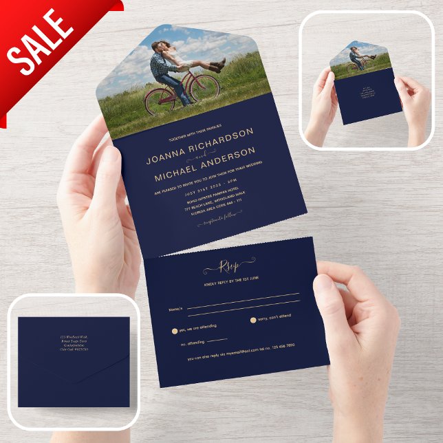 All Inclusive Navy Gold FOTO Wedding RSVP In One Einladung (Von Creator hochgeladen)