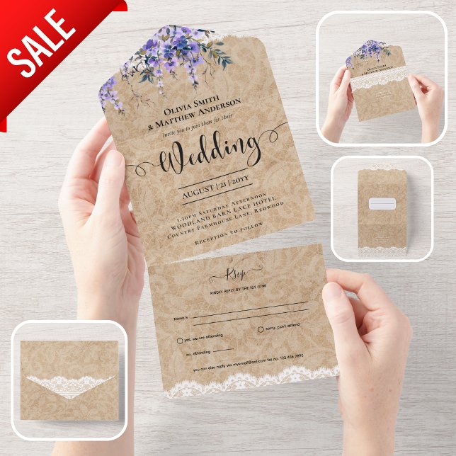All Inclusive Rustic Lila Wisteria Lace Wedding In One Einladung (Von Creator hochgeladen)