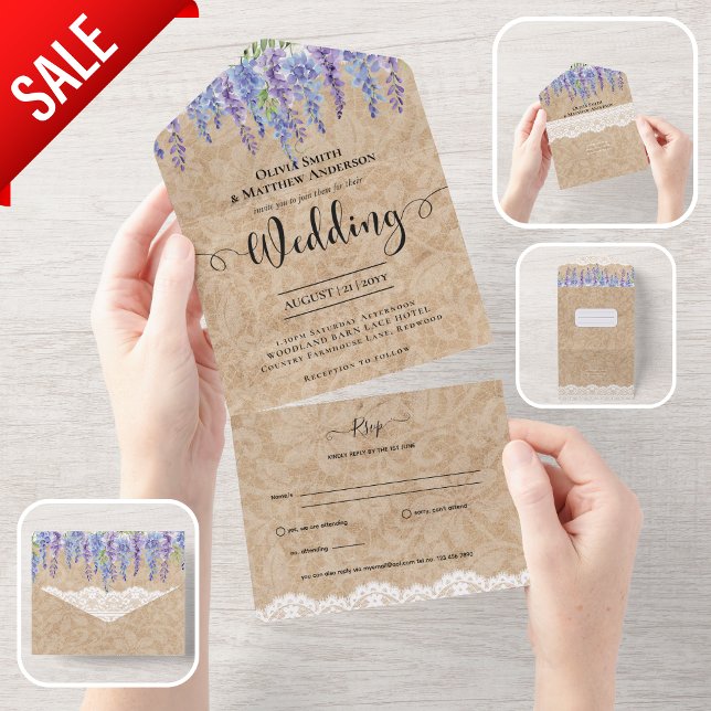 All Inclusive Rustic Wisteria Floral Lace Wedding All In One Einladung (Von Creator hochgeladen)