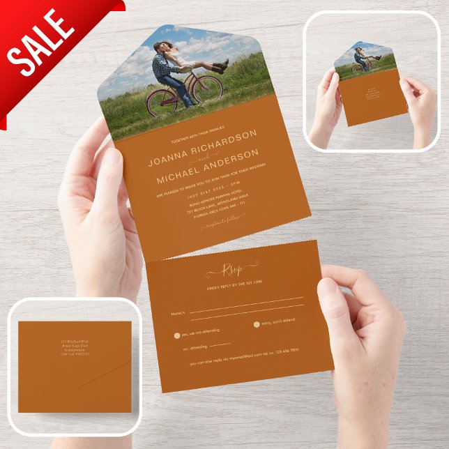 All Inclusive Terracotta Orange FOTO Wedding RSVP All In One Einladung (Von Creator hochgeladen)
