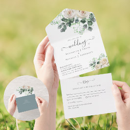 All Inclusive White Roses Floral Wedding RSVP In One Einladung