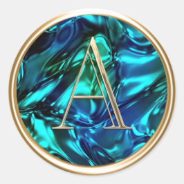 ALL INITIALS Gold Monogram auf Blue Green Wavy Runder Aufkleber