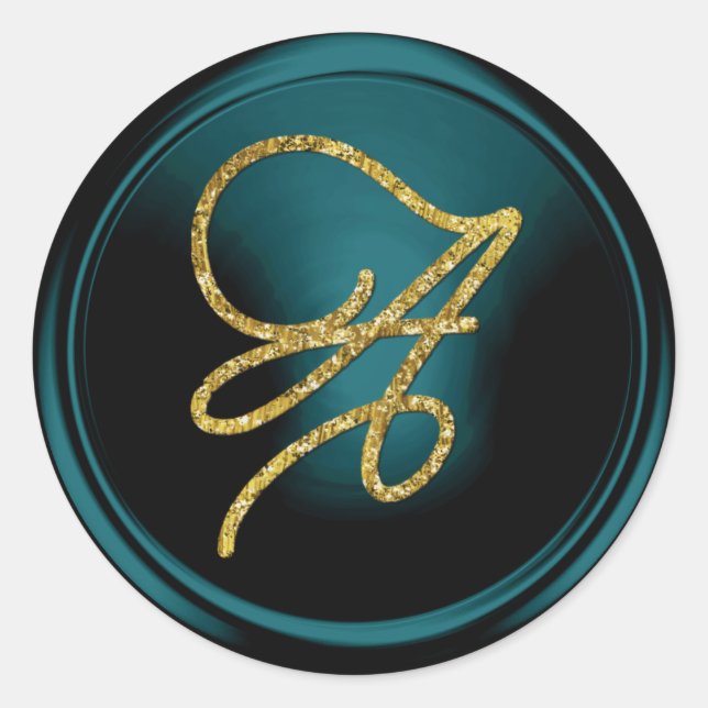 ALL INITIALS Gold Script Monogram Teal Blue Runder Aufkleber (Vorderseite)