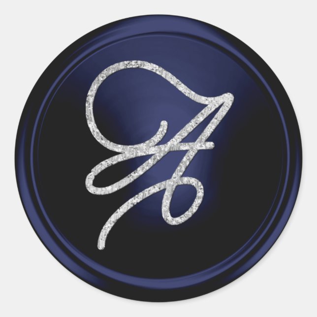 ALL INITIALS Silver Script Monogram Navy Blue Runder Aufkleber (Vorderseite)
