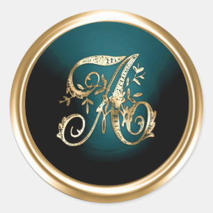 All Letter Gold und Dunkel Teal Verzierte Monogram Runder Aufkleber